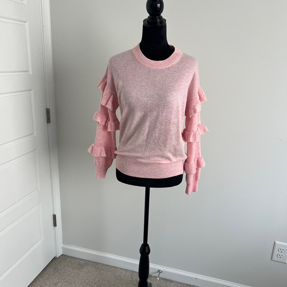 J. Crew Pink Ruffle Sleeve Crew Neck Sweater Size XS - Picture 3 of 11